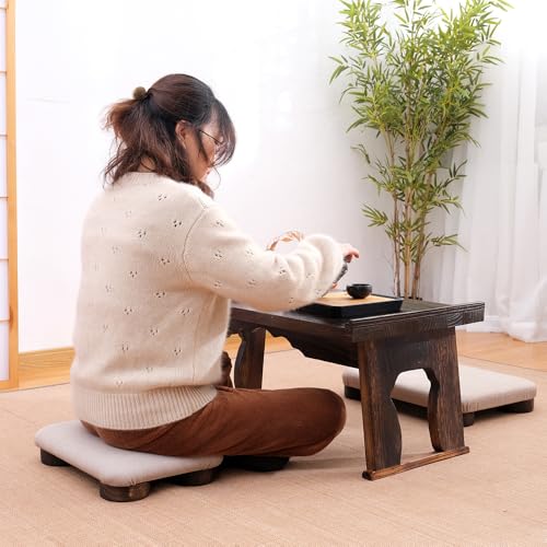 Floor Ottoman with Soft Fabric Cover - Light Beige, Dark Wooden Legs, Versatile for Meditation, Footrest, Seating - Living Room, Bedroom, Office Friendly