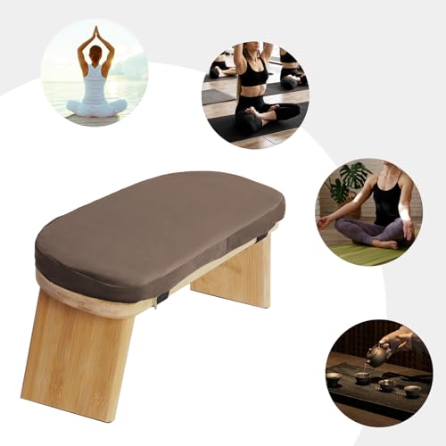TFCFL Meditation Bench, Foldable& Ergonomic Meditation Stool, Bamboo Wood Kneeling Stool with Velvet Cushion, for Yoga or Sitting (Wood Color+ Coffee)