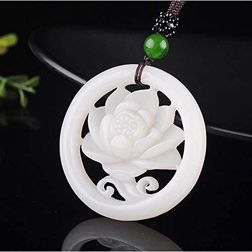 Meditation Necklace, White Jade Pendant Hollow Flower Necklace Jewellery Luck Amulet