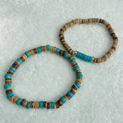 Puka Shell Bracelet for Men Wooden Bracelets Turquoise Stack Beaded Minimalist Trendy Jewelry for Friend Gift - style: 2pcs-Brown Blue