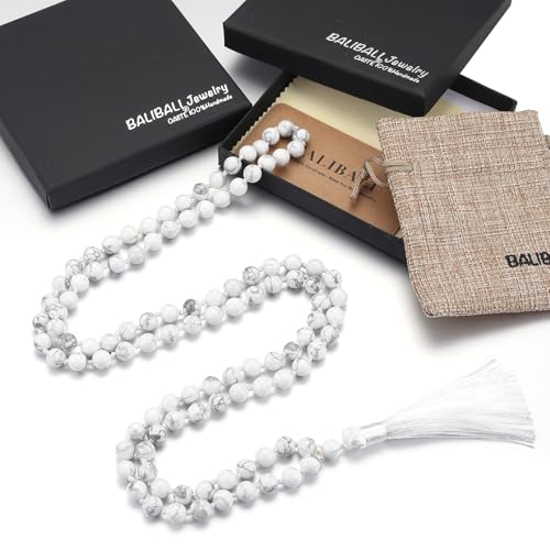 8MM Beads Chakra Long Mala Necklace Natural Stone Meditation Statement Necklace Japa Yoga Buddhist Rosary Prayer Charm Beaded Tassel Necklace - color: White Turquoise