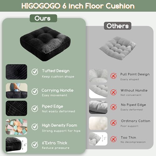 HIGOGOGO 6" Washable Floor Pillow Cushion for Adults, Meditation Cushion Pillow, Large Square Floor Sitting, Removable Tufted Corduroy Cover, for Tatami Living Room or Yoga, 22x22 Inch,Black