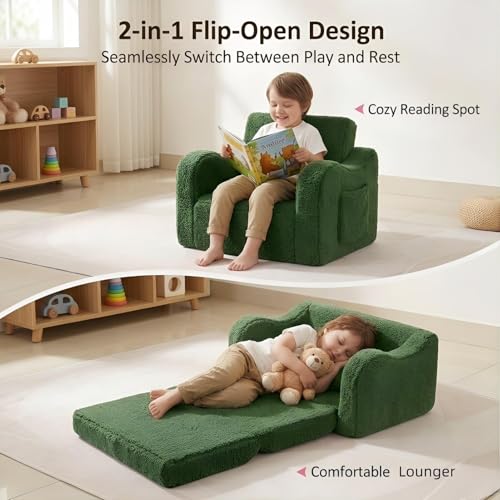 MOMCAYWEX Kids Sofa, 2-in-1 Flip-Out Foam Couch with Soft Sherpa Cover, Cozy Play Lounge Chair, Green - color: Green, size: Medium