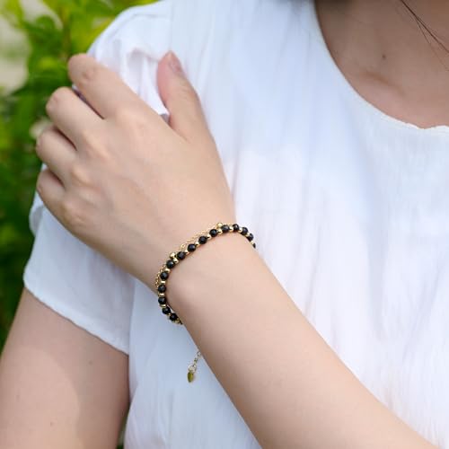 Farfume Crystal Bracelet Beaded Bracelets 4mm Natural Stone Beads Gemstone Handmade Jewelry Gift for Women - color: Black Onyx-Strength & Focus