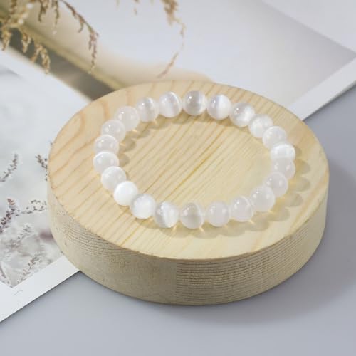 Natural Gemstones Bracelet 8mm Chakra Round Beads Energy Power Crystal Reiki Healing Elastic Stretch 7 Inch for Women Men Unisex - color: Selenite