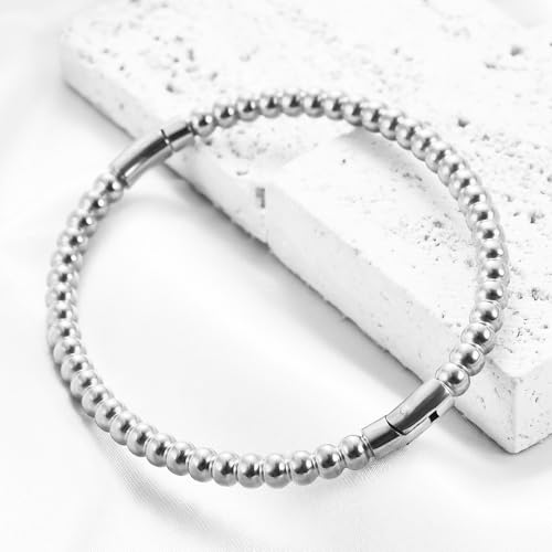 JAJAFOOK 5mm Bead Bracelet, Stainless Steel Simple Bangle, Minimalist Unisex Cuff, Silver Gold Rose Gold Titanium Jewelry - color: Rose Gold