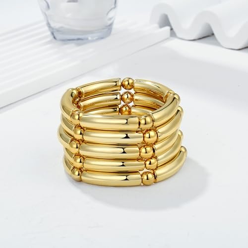 Gold Chunky Bangles Bracelets For Women 14k Gold Plated Stack Layered Curved Bamboo Tube Stretch Bracelets Gift Jewelry - color: 5pcs Gold-8mm