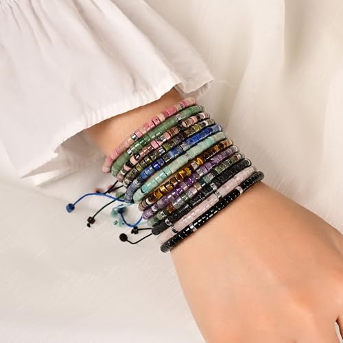 Mixed Gemstone Adjustable Braided Beaded Bracelet for Women, 2x4mm Heishi Disc Natural Healing Stone Summer Beach Jewelry, Yoga Gift for Her - color: Rose Quartz