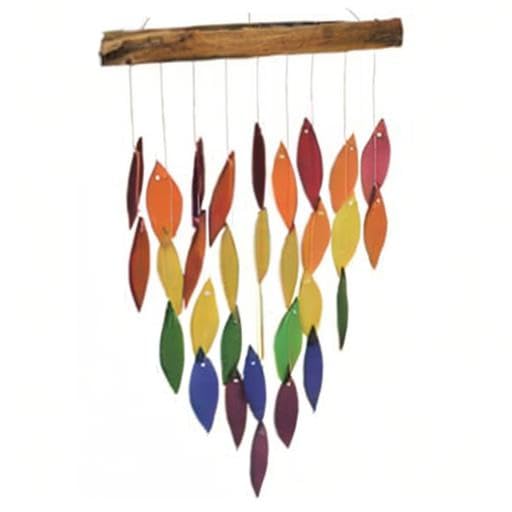 Blue Handworks Rainbow Waterfall Glass and Driftwood Chime, Sandblasted Glass and Found Wood Handcrafted Wind Chime