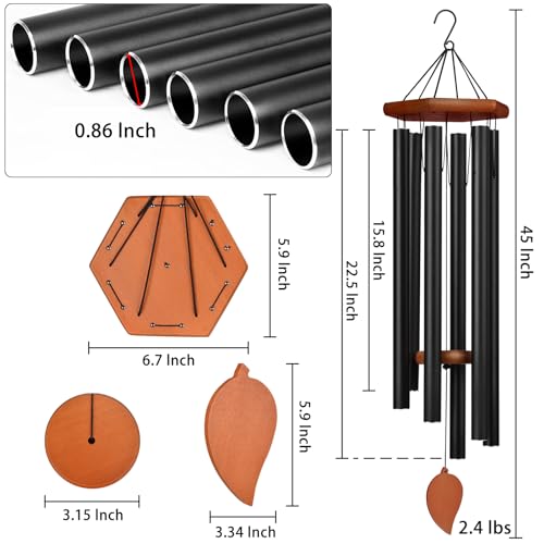 Sympathy Wind Chimes for Outside Deep Tone, Memorial Loss of a Loved, Large Wind Chimes with 6 Thicken Tubes & Hook, Outdoor Gifts Mother, Garden Decor - size: 45IN black