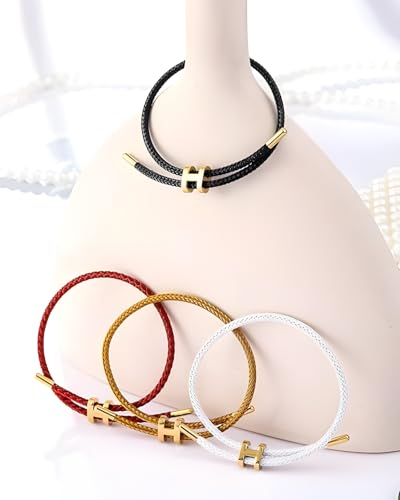 OSIRIDEH2 Bracelet with Adjustable Design Polished H Shape Buckle, Bracelets for Women, 18k Gold-plated Buckle Design Titanium Steel Wire Rope Women's Gift Jewelry - color: Black Gold