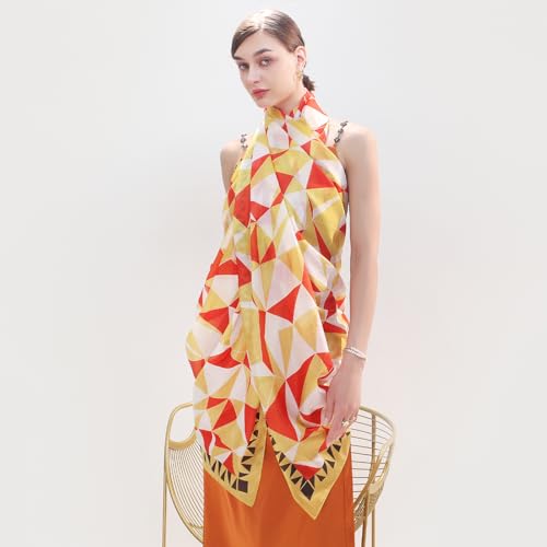 100% Mulberry Extra Large Silk Pashmina Scarf Shawls And Wraps For Women Evening Dress Summer Travel Floral Blanket - color: Orange Geo Muse