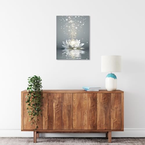 Ypxzzj Framed White Lotus Flower Wall Art for Living Room, Zen Canvas Wall Art for Yoga Bedroom,Meditation Spiritual Wall Decor Print for Bathroom Study Room Ready to Hang(16''x24'') - size: 24"L x 16"W