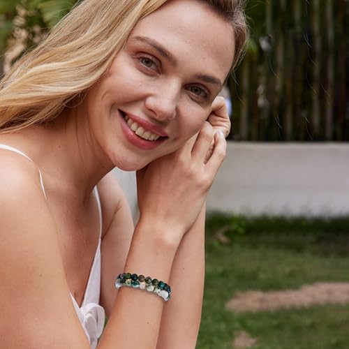 Bivei Natural Gemstone Semi Precious Healing Crystals Handmade Stretchy Round Beads Bracelet,Stocking Stuffers for Women Enhance Positive Energy - color: 8mm Tree Agate & India Agate (Strength & Harmony), size: Large: 8-8.26 inch