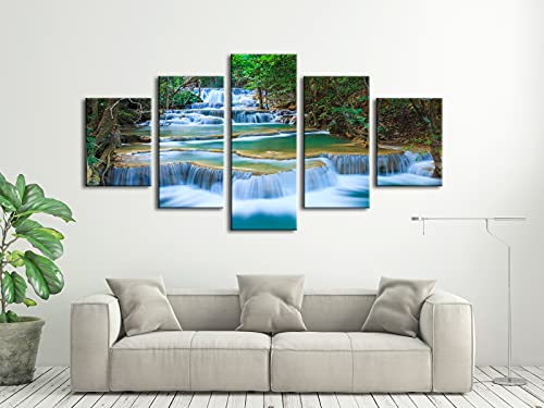 Wieco Art Peaceful Waterfall 5 Panels Large Canvas Paintings Wall Art Modern Gallery Wrapped Landscape Forest Giclee Canvas Print Artwork Photo Pictures for Living Room Bedroom Home Decorations L - size: 12x16inchx2pcs,12x24inchx2pcs,12x32inchx1pc