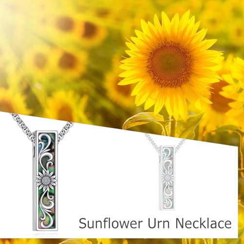 Cremation Urn Necklaces for Ashes Sterling Silver 3D Vertical Bar Memorial Pendant for Loved Ones Keepsake Cremation Jewelry Gifts for Women Men - style: Sunflower