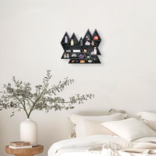 Mountain Crystal Shelf Display for Wall, Wooden Triangle Rock Gem Stone Storage Holder, Meditation Room Decor Spiritual Gift, Wall Hanging Organizer for Trinkets, Knick Knacks, Art Collections