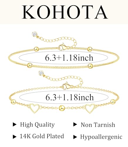 KOHOTA Silver Gold Bracelets for Women Trendy 14K Gold Plated Bracelet for Women Non Tarnish Dainty Stackable Layered Chain Heart Pearl Knot Beaded Bracelets Stack Set Charm Mothers Day Jewelry Gifts - color: C.Heart-gold