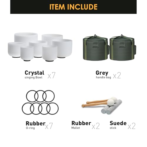 432HZ 6-12 Inch Crystal Singing Bowl Set of 7 with 2 Pcs Green Heavy Carrying Case bag, Frosted Quartz Crystal Sound Healing bowls for Chakra, Meditation, Sound Therapy