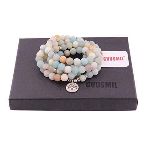 8mm 108 Mala Beads Wrap Bracelet Necklace for Yoga Charm Bracelet Natural Gemstone Jewelry for Women Men - color: Amazonite with lotus