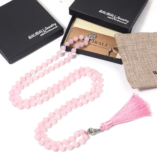 108 Mala Beads Necklace Semi-Precious Gem Stones Meditation Necklace 108 Hand Knotted Japa Mala Beaded Tassel Necklace with Tree of Life Pendant - color: Rose Quartz