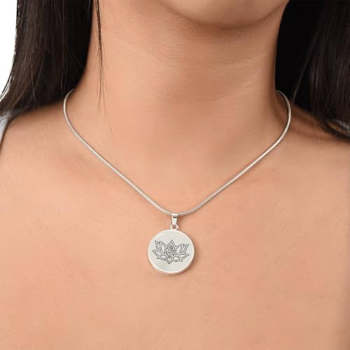 quan jewelry Yoga Lotus Flower Pendant Necklace with Om Symbol, Happy Birthday Gifts Ideas for Mom, Daughter, Women with Inspirational Quote on Gift Card - color: Silver-Tone Cirle Plate
