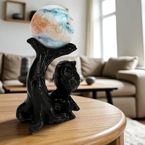 Owl Sphere Holder Crystal Stand Ball Resin Display – 4.92''x4.06'' Natural Quartz Wood Base Figurine, Stable Desktop Decoration for Bedroom, Office, Living Room, Study – Crystal Ball Decor Gift