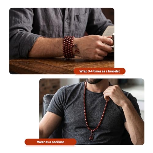 Nupuyai Natural Wood Wrap Bracelet for Women and Men, 108 Prayer Mala Beads Tibetan Necklace for Unisex Elastic Meditation Yoga Jewelry - color: 2-Blood Sandalwood(8mm)