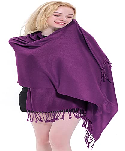CJ Apparel Solid Color Tassels Design Nepalese Shawl Scarf Wrap Stole Throw Head Wrap Pashmina Gift Hand Made in Nepal New - color: Purple