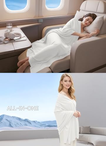 Women's Wool Blend Travel Scarf Lightweight Breathable Wrap Pashmina Airplane Blanket Shawl - color: White