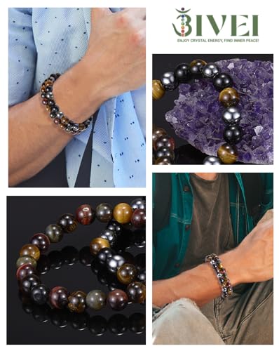 Bivei Natural Gemstone Semi Precious Healing Crystals Handmade Stretchy Round Beads Bracelet,Stocking Stuffers for Women Enhance Positive Energy - color: 8mm Triple Protection Set, size: Large: 8-8.26 inch