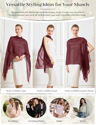 Chiffon Cape Shawl Wrap Scarf 3 Ways to Wear Elegant Sheer Capelet for Evening Dresses Weddings Parties - color: Burgundy