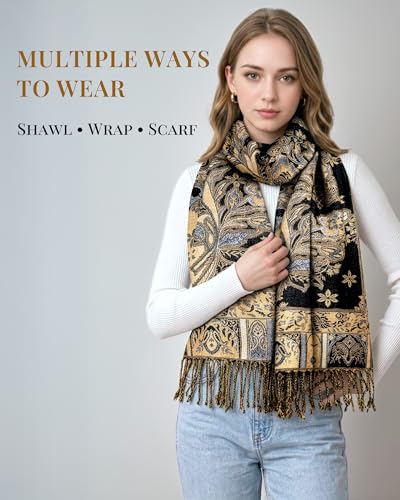 Achillea Elegant Paisley Floral Pashmina Shawl and Wrap β Boho Rave Scarf for Festival, Travel & Everyday Wear - color: Black White