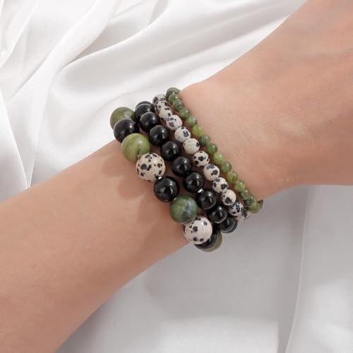 4pcs Beaded Bracelets for Women,Natural Healing Crystal Gemstones Bracelet,Anxiety Stress Relief Bracelet Handmade purple Jewelry Gifts for Women - color: Southern jade&Dalmatian Jasper&Black Obsidian