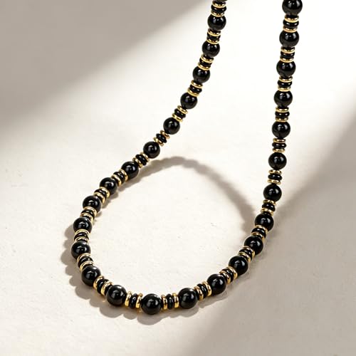 Gemstone Beaded Necklace for Women, Trendy 18K Gold Plated Hematite Natural Stone Bead Choker, Boho Handmade Summer Beach Necklaces for Women Everyday Western Jewelry Gifts - color: 02-black