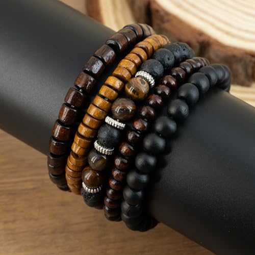5-Piece Set Wooden Beaded Bracelets, Unisex, Rustic Bohemian Style,Vintage Fashion Jewelry Accessory, for Men and Women