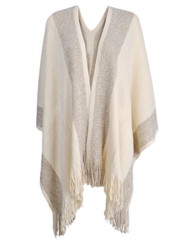 ZLYC Women's Shawl Golden Trim Knit Blanket Wrap Fringe Poncho Coat Cardigan - color: White