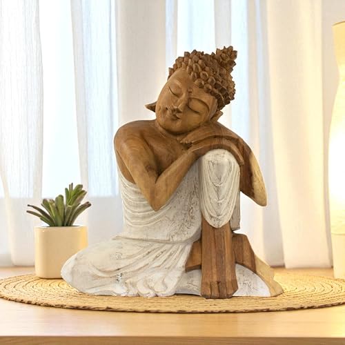 G6 Collection Wooden Serene Sleeping Buddha Statue Hand Carved Figurine Home Decor (16" Tall – Whitewashed) - size: 16" Tall – Whitewashed