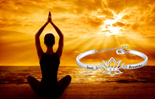 WUSUANED Breathe Lotus Flower Bracelet Yoga Spiritual Symbol Jewelry Gift For Women Girl - color: just breathe bracelet silver