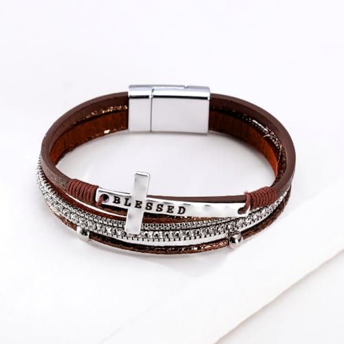 Fesciory Leopard Bracelet for Women, Boho Leather Wrap Multi-Layer Pearl Crystal Bracelet Bangle Jewelry - style: Blessed Cross(Brown)