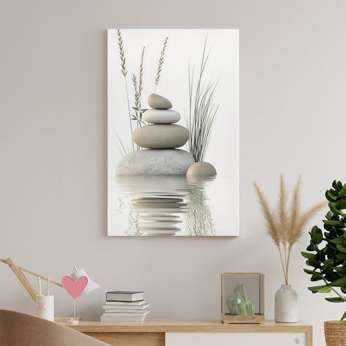 Zen Stone Canvas Wall Art Stacked Stones in Water Poster Tranquil Wild Grass Painting Picture for Spa Yoga Meditation Room Bathroom Wall Decor Unframe-style 16x24inch(40x60cm)