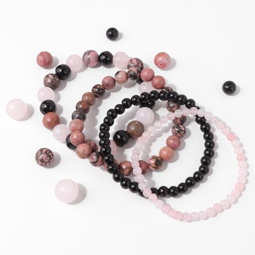 4pcs Beaded Bracelets for Women,Natural Healing Crystal Gemstones Bracelet,Anxiety Stress Relief Bracelet Handmade purple Jewelry Gifts for Women - color: Rose Quartz&Obsidian&Rhodonite