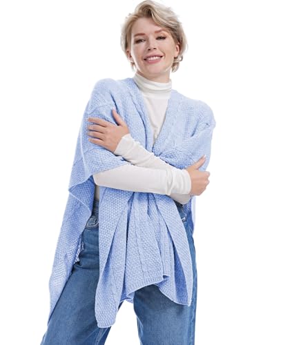 MissShorthair Knit Shawl Wraps for Women Boho Crochet Shawls Cape Open Front Cardigan - color: Blue