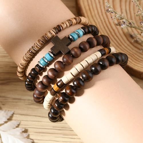 5pcs Wooden Bead Bracelet Set with Charm and Tassel for Men & Women - Stackable Boho Bracelets, Amber Color Scheme Adjustable Bracelet - color: Brown Blue White