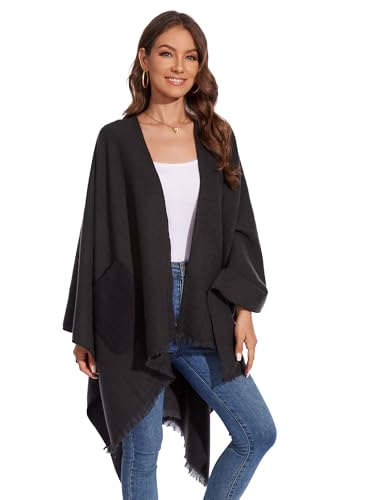 Shawl Wraps for Women, Elegant Knitted Cape Open Front Poncho Scarf Blanket Cardigan Coat for Autumn and Winter - color: Black