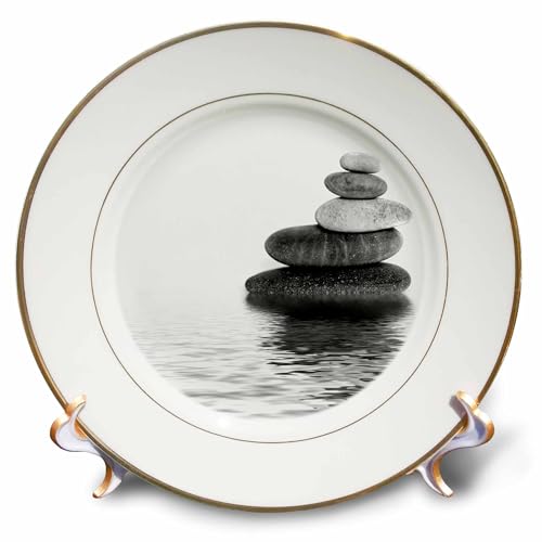 3dRose Balanced Stone Cairn Zen Style In Water 8 inch Porcelain Plate