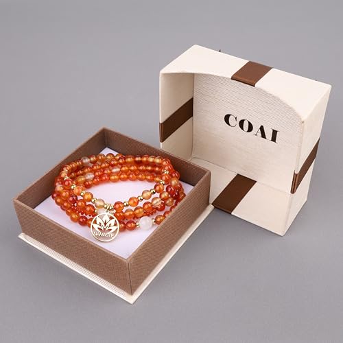 COAI Japamala Namaste Charm 108 Mala Beads Wrap Bracelet Stone Beaded Necklace - style: Orange Agate