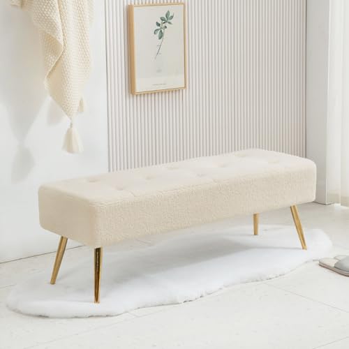 Furnimart Faux Fur Boho Bench Ottoman Upholstered Tufted Bench with Padded Seat, Footrest Foot Stool with Sturdy Metal Leg, for Bedroom Living Room Entryway - color: Fur Ivory White
