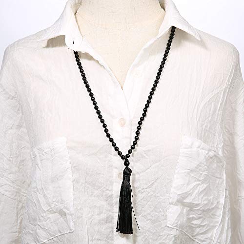 6MM Mala Beads Necklace Natural Amazonite Stone Meditation Statement Necklace Japa Yoga Rosary Prayer Charm Beaded Tassel Necklace - style: Natural Black Agate
