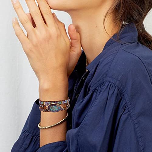Women Boho Handmade Natural Stone Crystal Leather Bead Wrap Bracelets Collection - style: Blue Purple 3W
